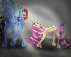 Size: 3937x3150 | Tagged: safe, artist:shimmer-fox, fluttershy, rainbow dash, pegasus, pony, g4, angry, crying, duo, female, folded wings, high res, hooves, mare, size difference, spread wings, wings