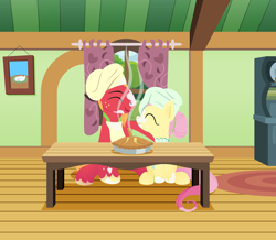 Size: 2200x1920 | Tagged: safe, anonymous artist, big macintosh, fluttershy, earth pony, pegasus, pony, series:fm holidays, g4, alternate hairstyle, apple, apple pie, apron, chef's hat, clothes, eyes closed, female, flour, fluttershy's cottage, food, hair bun, hat, hoof on shoulder, kitchen, lineless, looking at each other, male, mare, messy, pi, pi day, pie, ship:fluttermac, shipping, stallion, straight