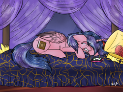 Size: 2048x1536 | Tagged: safe, artist:melonseed11, artist:xhalesx, oc, oc only, oc:magical aura, alicorn, pony, alicorn oc, bed, crying, female, horn, mare, next generation, offspring, parent:flash sentry, parent:twilight sparkle, solo, story included