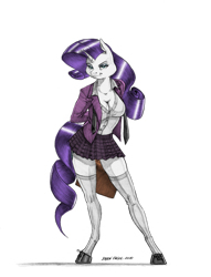 Size: 1055x1382 | Tagged: safe, artist:baron engel, color edit, edit, rarity, unicorn, anthro, unguligrade anthro, g4, breasts, cleavage, clothes, colored, colored hooves, female, mare, miniskirt, pencil drawing, plaid, plaid skirt, pleated skirt, school uniform, shoes, simple background, skirt, socks, solo, stockings, thigh highs, traditional art, transparent background, zettai ryouiki