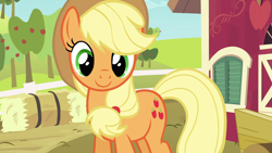 Size: 1920x1080 | Tagged: safe, screencap, applejack, earth pony, pony, g4, spike at your service, apple, apple tree, cute, female, hay bale, jackabetes, mare, solo, sweet apple acres, tree