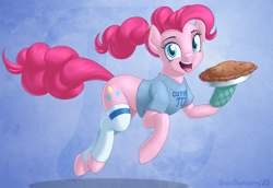 Size: 1016x697 | Tagged: safe, artist:brianblackberry, pinkie pie, earth pony, pony, g4, alternate hairstyle, bottomless, clothes, cute, diapinkes, female, food, happy, mare, open mouth, oven mitt, partial nudity, pi day, pie, ponytail, shirt, socks, solo, t-shirt