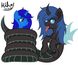 Size: 4993x4209 | Tagged: safe, artist:mihay, oc, oc only, oc:buzzie, oc:delly, changeling, changeling lamia, lamia, original species, pony, unicorn, blushing, coiling, coils, duo, one eye closed, signature, simple background, smiling, this will end in vore, tongue out, transparent background