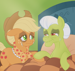 Size: 1493x1413 | Tagged: safe, artist:itoruna-the-platypus, applejack, granny smith, earth pony, pony, g4, the last problem, applejack's hat, bed, bittersweet, cowboy hat, crying, crying on the outside, death bed, deathbed, duo, duo female, dying, even older granny smith, female, grandmother and grandchild, grandmother and granddaughter, hat, mare, older, older applejack, sad, sad pony, sadjack, teary eyes, this will end in death, this will end in tears, this will end in tears and/or death