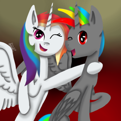 Size: 1000x1000 | Tagged: safe, alternate version, artist:asiandra dash, oc, oc only, oc:rainbow storm, oc:rainbowrio, alicorn, pony, looking at you, one eye closed, open mouth, wink, winking at you
