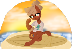 Size: 1504x1020 | Tagged: safe, artist:nootaz, oc, oc only, oc:calamari sunrise, earth pony, pony, art trade, beach, female, mare, pose, simple background, solo, surfboard, transparent background, wet
