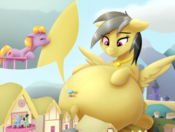 Size: 4986x3769 | Tagged: safe, artist:09hankris, artist:tsitra360, daring do, oc, earth pony, pegasus, pony, fanfic:daring do and the amulet of graveeda, g4, airship, fanfic art, female, giant pony, giantess, house, huge belly, hyper, hyper belly, hyper pregnancy, impossibly large belly, macro, male, mare, mountain, permapregnant, pregnant, stallion, zeppelin