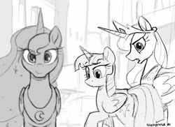 Size: 3862x2817 | Tagged: safe, artist:selenophile, princess celestia, princess luna, twilight sparkle, alicorn, pony, g4, butt, distracted boyfriend meme, eyes on the prize, female, grayscale, high res, implied lesbian, implied shipping, implied twiluna, lesbian, looking at butt, looking back, mare, meme, monochrome, plot, ship:twilestia, shipping, silly, twilight sparkle (alicorn)