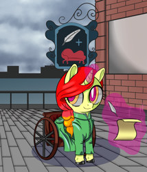 Size: 720x840 | Tagged: safe, artist:zettaidullahan, oc, oc only, pony, unicorn, amputee, braid, clothes, colored hooves, couch, female, filly, glowing horn, horn, magic, quill, scroll, sign, smiling, solo, telekinesis, unicorn oc, wheelchair