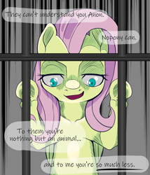 Size: 720x840 | Tagged: safe, artist:zettaidullahan, fluttershy, pegasus, pony, g4, bedroom eyes, cage, degradation, female, femdom, flutterdom, implied anon, looking down, mare, offscreen character, open mouth, pov, smiling, smirk, solo, speech, submissive pov, underhoof