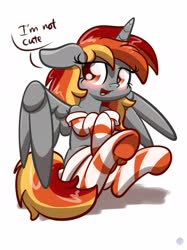 Size: 1600x2134 | Tagged: dead source, safe, artist:php142, oc, oc only, alicorn, pony, blatant lies, blushing, clothes, commission, cute, dialogue, female, i'm not cute, mare, ocbetes, simple background, socks, solo, speech bubble, striped socks, white background