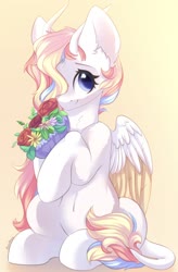 Size: 1792x2732 | Tagged: safe, artist:alphadesu, oc, oc only, oc:rainbow dreams, pegasus, pony, bouquet, cute, ear fluff, female, flower, hair over one eye, hoof hold, horn, leonine tail, mare, simple background, sitting, smiling, two toned wings, wings, ych result, yellow background