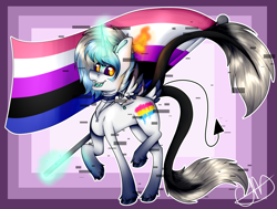 Size: 4845x3670 | Tagged: safe, artist:chazmazda, oc, oc only, oc:atlas, demon, demon pony, original species, pony, butt feathers, cartoon, commission, commissions open, concave belly, devil tail, digital art, error, feather, fire, flag, floral necklace, glitch, gradient hooves, highlights, hooves, horn, horns, jewelry, lanky, magic, markings, necklace, nonbinary, nonbinary pride flag, obsidian, pansexual, pride, pride flag, shade, shading, simple background, skinny, solo, tall, thin, third eye, three eyes, three tails