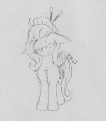 Size: 1951x2217 | Tagged: safe, artist:wapamario63, fluttershy, pegasus, pony, g4, alternate hairstyle, blushing, chest fluff, cute, eyes closed, female, hair bun, monochrome, shyabetes, smiling, solo, traditional art