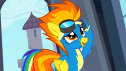 Size: 1280x720 | Tagged: safe, screencap, spitfire, pegasus, pony, g4, rarity investigates, clothes, female, flying, folded wings, goggles, solo, uniform, wings, wonderbolts, wonderbolts uniform