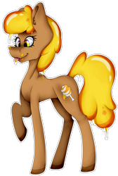 Size: 2305x3430 | Tagged: safe, artist:chazmazda, oc, oc only, pony, :p, cartoon, colored, commission, commissions open, concave belly, digital art, drip, dripping, flat colors, food, full body, high res, honey, lanky, outline, raffle, raffle prize, raffle winner, shade, shading, skinny, solo, tall, thin, tongue out