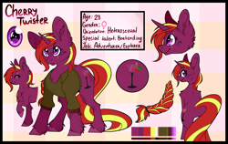 Size: 4759x3001 | Tagged: safe, artist:sherochan, oc, oc only, oc:cherry twister, pony, unicorn, adventurer, bartender, braid, chest fluff, clothes, color palette, ear fluff, explorer, explorer outfit, female, jacket, looking at you, looking back, looking back at you, reference sheet, two toned mane, two toned tail, ych result
