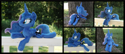 Size: 4020x1754 | Tagged: safe, artist:peruserofpieces, princess luna, alicorn, pony, g4, beanie (plushie), female, horn, irl, looking at you, mare, photo, plushie, prone, solo, tree, wings