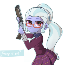 Size: 800x800 | Tagged: artist needed, source needed, safe, sugarcoat, equestria girls, g4, bowtie, clothes, crystal prep academy uniform, female, glasses, gun, looking at you, pigtails, plaid skirt, pleated skirt, school uniform, simple background, skirt, solo, twintails, weapon, white background