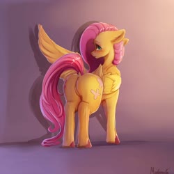 Size: 2000x2000 | Tagged: safe, artist:miokomata, fluttershy, pegasus, pony, g4, butt, cute, dock, featureless crotch, female, floppy ears, flutterbutt, high res, looking at you, looking back, looking back at you, mare, plot, rear view, shy, shyabetes, solo, tail, tail aside