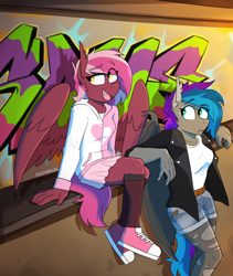 Size: 978x1157 | Tagged: safe, artist:redxbacon, derpibooru exclusive, oc, oc only, oc:lyssa, oc:zeny, bat pony, pegasus, anthro, plantigrade anthro, clothes, denim shorts, duo, ear fluff, fangs, female, graffiti, hoodie, jacket, kneesocks, leaning back, leather jacket, miniskirt, pleated skirt, shirt, shoes, shorts, siblings, sisters, sitting, skirt, socks, stockings, talking, thigh highs, torn clothes