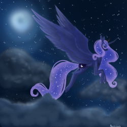 Size: 1378x1378 | Tagged: safe, artist:kojideathscream, princess luna, pony, g4, cloud, female, flying, night, solo