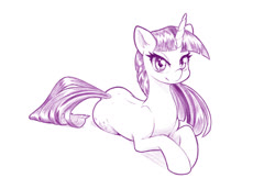 Size: 1280x881 | Tagged: safe, artist:dstears, twilight sparkle, pony, unicorn, g4, cute, female, looking at you, mare, monochrome, prone, simple background, solo, twiabetes, unicorn twilight, white background