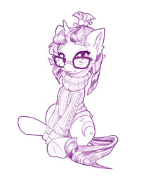 Size: 1066x1280 | Tagged: safe, artist:dstears, moondancer, pony, unicorn, g4, clothes, cute, dancerbetes, ear fluff, female, glasses, looking at you, mare, monochrome, simple background, sitting, solo, sweater, white background