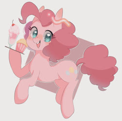 Size: 1024x1018 | Tagged: safe, artist:koto, pinkie pie, earth pony, pony, abstract background, cupcake, cute, diapinkes, female, food, looking at you, mare, milkshake, open mouth, pixiv, solo