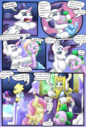 Size: 1080x1584 | Tagged: safe, artist:firefanatic, fluttershy, rarity, spike, twilight sparkle, alicorn, pony, comic:friendship management, g4, alphys, asgore dreemurr, big grin, blanket, blushing, castle, comic, cute, dialogue, grin, hug, pouting, scrunchy face, smiling, stone scales, teabag, twilight sparkle (alicorn), undertale, what is hoo-man
