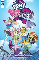 Size: 1280x1968 | Tagged: safe, artist:pencils, idw, applejack, fluttershy, pinkie pie, rainbow dash, rarity, sci-twi, sunset shimmer, twilight sparkle, equestria girls, g4, anime, armpits, boots, clothes, converse, dress, humane five, humane seven, humane six, march radness, sandals, shoes, shorts, skirt, sneakers, tank top, toes, trampoline, upskirt