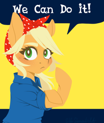Size: 2600x3087 | Tagged: safe, artist:silbersternenlicht, applejack, earth pony, pony, g4, clothes, cute, female, flexing, high res, jackabetes, looking at you, mare, motivation, motivational poster, retro, rosie the riveter, solo, we can do it!
