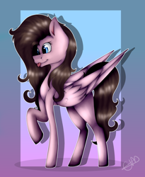 Size: 2800x3420 | Tagged: safe, artist:chazmazda, oc, oc only, pegasus, pony, :p, blue eyes, brown hair, commission, commissions open, curly hair, curly mane, digital art, feather, full body, gradient background, high res, highlights, outline, shade, shading, shadow, shine, shiny, simple background, solo, tongue out