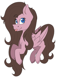 Size: 586x796 | Tagged: safe, artist:chazmazda, oc, oc only, pegasus, pony, :p, blue eyes, brown hair, colored, commission, commissions open, curly hair, curly mane, digital art, feather, flat colors, floating, folded wings, fully body, outline, shine, solo, tongue out, wings