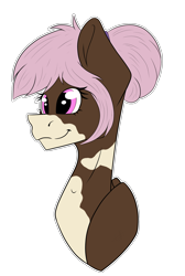 Size: 1284x1910 | Tagged: safe, artist:chazmazda, oc, oc only, pony, bun, bust, colored, commission, commissions open, digital art, flat colors, hair bun, happy, head shot, markings, outline, pink eyes, pink hair, present, shine, shiny eyes, simple background, smiling, solo, transparent background