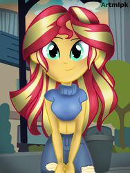 Size: 1536x2048 | Tagged: safe, artist:artmlpk, sunset shimmer, equestria girls, g4, adorable face, adorkable, blushing, city, cityscape, clothes, cute, denim, digital art, dork, female, jeans, looking at you, pants, shimmerbetes, smiling, smiling at you, solo, sweater, turtleneck