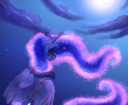 Size: 1458x1200 | Tagged: safe, artist:b(r)at, princess luna, alicorn, pony, g4, blue coat, cloud, crown, female, horn, jewelry, moon, night, rear view, regalia, sitting, solo, wings
