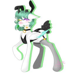 Size: 1200x1200 | Tagged: safe, artist:zima, oc, oc only, oc:zima, hybrid, pegasus, pony, bangs, blushing, broken horn, bunny ears, bunny suit, choker, clothes, collar, digital art, floppy ears, flower, flower in mouth, folded wings, garter belt, horn, horns, looking at you, mouth hold, one eye closed, paint tool sai, short hair, simple background, smiling, smiling at you, socks, solo, standing, stockings, thigh highs, transparent background, wings, wink, winking at you