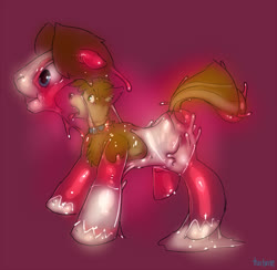 Size: 1000x976 | Tagged: safe, artist:turbinedivinity, oc, oc only, dog, earth pony, pony, :o, anthro to pony, bondage, clothes, collar, costume, encasement, furry, furry oc, gradient background, living latex, open mouth, pony costume, signature, tongue out, transformation, unshorn fetlocks