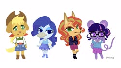 Size: 2048x1144 | Tagged: safe, artist:5mmumm5, applejack, rarity, sci-twi, sunset shimmer, twilight sparkle, bird, dog, duck, mouse, wolf, anthro, equestria girls, g4, animal crossing, applejack's hat, cowboy hat, dogified, duckified, female, hat, looking at you, mousified, rariduck, simple background, species swap, standing, twimouse, white background, wolfified