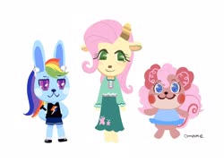 Size: 2048x1490 | Tagged: safe, artist:5mmumm5, fluttershy, pinkie pie, rainbow dash, goat, rabbit, squirrel, anthro, equestria girls, g4, animal, animal crossing, bunnified, female, goatified, looking at you, simple background, species swap, squirrelified, white background
