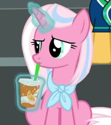Size: 539x610 | Tagged: safe, screencap, clear sky, pony, unicorn, common ground, g4, clothes, confused, cropped, drinking, glowing horn, horn, juice, looking at someone, offscreen character, orange juice, reaction image, solo focus