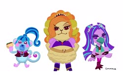 Size: 2048x1297 | Tagged: safe, artist:5mmumm5, adagio dazzle, aria blaze, sonata dusk, bird, monkey, ostrich, sheep, anthro, equestria girls, g4, animal crossing, birdified, female, food, looking at you, monkeyfied, ostrichified, sheepified, simple background, species swap, taco, the dazzlings, white background