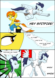 Size: 2480x3508 | Tagged: safe, artist:greeneyedmistress, soarin', spitfire, pegasus, pony, comic:prelude to creation, clothes, comic, female, male, mare, stallion