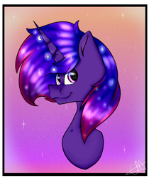 Size: 1608x1911 | Tagged: safe, artist:chazmazda, oc, oc only, oc:cresent, pony, border, bust, colored, commission, commissions open, digital art, flat colors, gem, gradient background, happy, head shot, moon, pink eyes, shade, shading, shine, simple background, slow, smiling, solo, space, sphere, stars