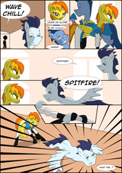 Size: 2480x3508 | Tagged: safe, artist:greeneyedmistress, soarin', spitfire, wave chill, pegasus, pony, comic:prelude to creation, g4, clothes, comic, female, high res, male, mare, stallion
