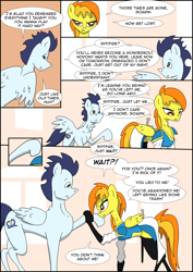 Size: 2480x3508 | Tagged: safe, artist:greeneyedmistress, soarin', spitfire, pegasus, pony, comic:prelude to creation, clothes, comic, female, male, mare, stallion