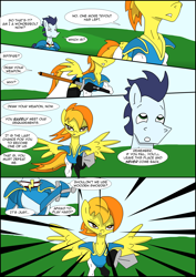 Size: 2480x3508 | Tagged: safe, artist:greeneyedmistress, soarin', spitfire, pegasus, pony, comic:prelude to creation, g4, clothes, comic, female, high res, male, mare, stallion