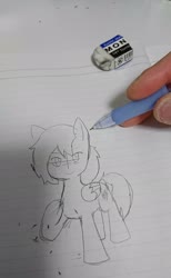 Size: 1262x2048 | Tagged: safe, artist:omegapony16, oc, oc only, oc:oriponi, pegasus, pony, eraser, irl, lineart, lined paper, pegasus oc, pencil, photo, raised hoof, smiling, solo, traditional art, wings