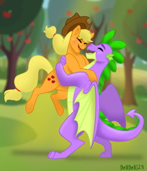 Size: 2051x2386 | Tagged: safe, artist:bella-pink-savage, applejack, spike, dragon, g4, apple, apple orchard, apple tree, carrying, cute, eyes closed, female, high res, male, older, older spike, open mouth, orchard, ship:applespike, shipping, straight, teary eyes, tree, winged spike, wings
